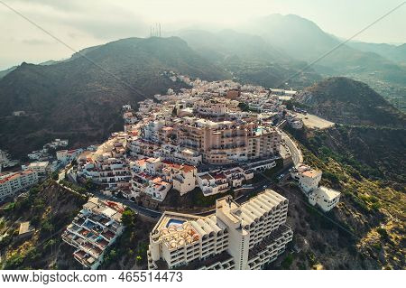 Aerial Shot, Drone Point O View Picturesque Spanish Hillside White-washed Village Of Mojacar Surroun