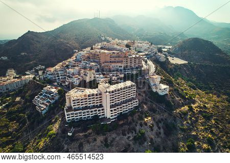Aerial Shot, Drone Point O View Picturesque Spanish Hillside White-washed Village Of Mojacar Surroun