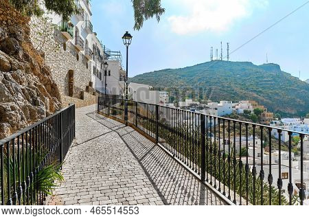 Charming Street Of Mojacar Village With View Of Town Rooftops In Almeria, South Of Spain. Travel Des