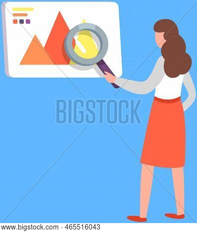 Data Analysis, Information Exploration. Woman Analyses Diagram Under Magnifying Glass. Lady Looking 