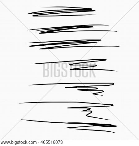 Set Of Hand Drawn Lines. Doodle Design. Scribble With A Pen, Stripes With A Pencil. Black Abstract E