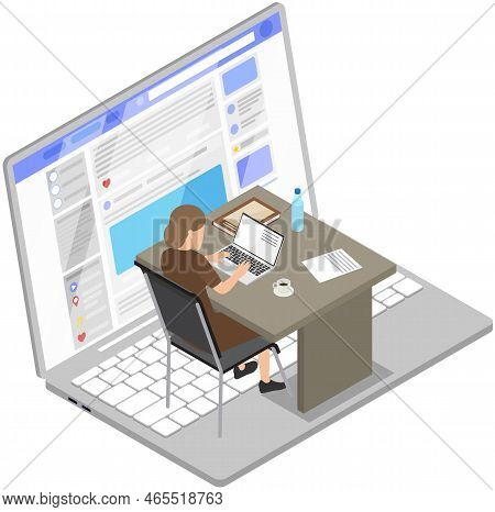 Office Worker Sitting At Table With Computer. Business Woman Or Clerk Working At Her Office Workplac