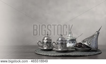 Silver Coffee Or Tea Cup And Sugar Jars With Dates