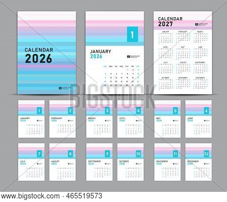 Calendar 2026 Template Set And 2027 Year Pastel Concept, Wall Calendar 2026, Desk Calendar 2026 Set,