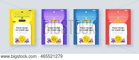 Simple Set Of Cogwheel, Coffee And Money Transfer Line Icons. Poster Offer Design With Phone Interfa