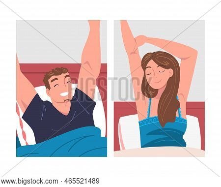 Man And Woman Character Waking Up Feeling Happy Stretching Out In Bed Ready To Get Up In The Morning