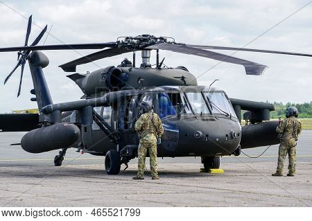 Liepaja, Latvia - August 7, 2022: Sikorsky Uh-60 Black Hawk Helicopter With Pilots Before Take Off F