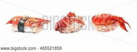 Watercolor Hand Drawn Set Of Sushi. Japanese Food, Isolated On White Background.