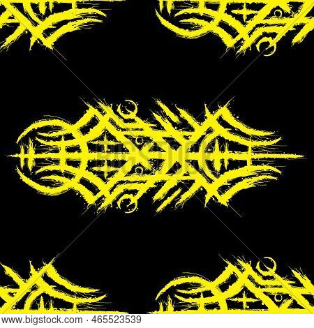 Black Background With Yelloow Abstract Rune Symbol. Ancient Linear Tattoo Design