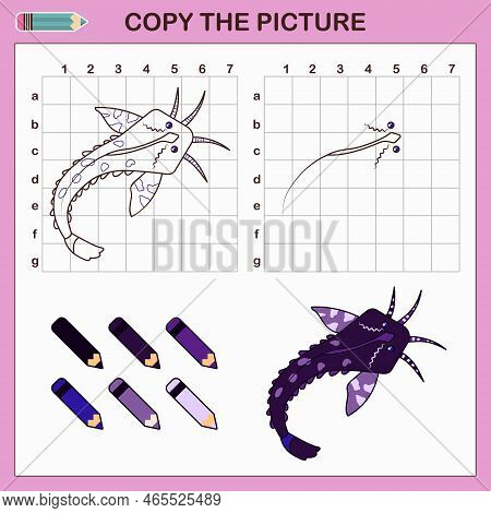 Copy Drawing Of Agamix Fish. Vector Draw Worksheet With Cute Fish.