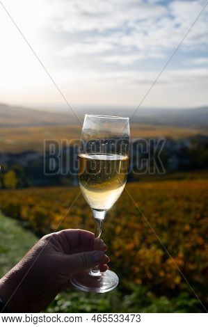 Tasting Of Premier Cru Sparkling White Wine With Bubbles Champagne On Outdoor Terrace With View On C