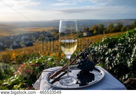 Tasting Of Premier Cru Sparkling White Wine With Bubbles Champagne On Outdoor Terrace With View On C
