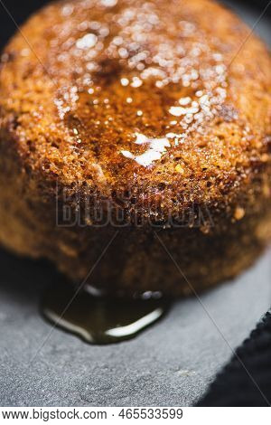 Detailed Closeup Of This Decadent Steamed Chocolate Butterscotch Pudding.