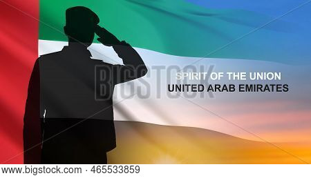 Silhouette Of Saluting Soldier With United Arab Emrates Flag. National Holidays Background. Eps10 Ve
