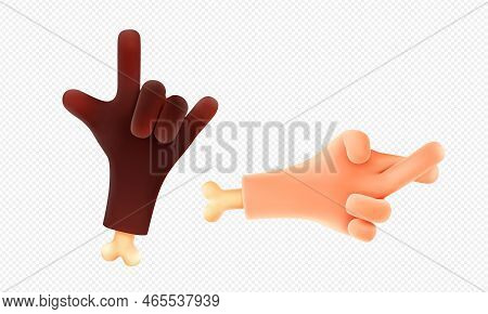 3d Render Hand Gestures Black And White Palms With Bones Showing Rock And Crossed Fingers. Funny Cha