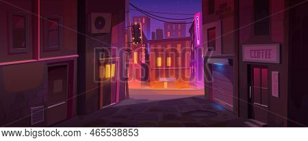 Night City Street Corner Urban Cityscape Background, Quiet Nook With Buildings Back Exit Doors, Coff