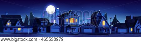 Night Town Street With Cottage Houses, Cityscape Background. Vector Cartoon Illustration Of Suburban