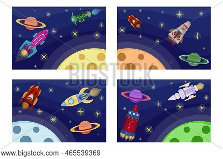 Rockets Flying In In Space Cartoon Illustrations Set. Collection Of Drawings Of Spaceships Flying Am
