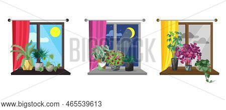 Houseplants On Windowsills Cartoon Illustrations Set. Plants In Pots, Sunny And Cloudy Weather Behin