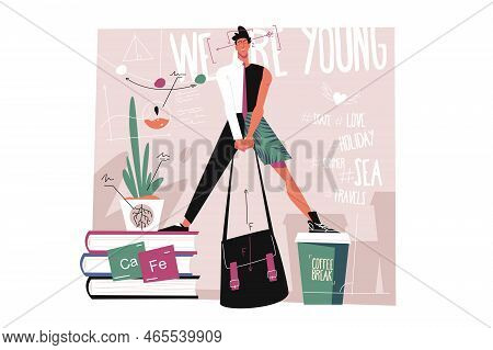Student With Bag Stands On Books And Papercup Vector Illustration. Knowledge Is Power Flat Style Con