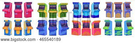 Arcade Machines. Retro Gaming Cabinet, Old Game Machine From Different Angles. Insert Coin, Game Ove
