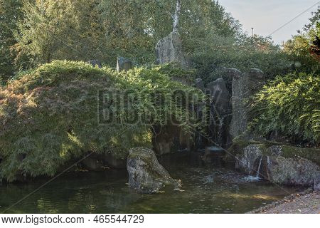 Scenic Japanese Style Gardens With A Waterfall In The Park Of Bietigheim-bissingen, Baden-wuerttembe