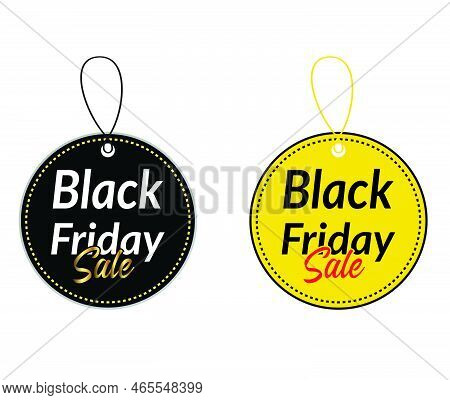 Black Friday Sale Price Tag. Black Tag Hanging On Gold Rope. Discount Label On Black Background. Bla