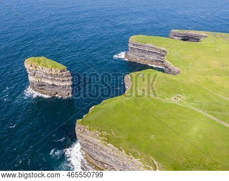 Aerial View Of The Dun Briste Sea Stick At Downpatrick Head, County Mayo - Republic Of Ireland