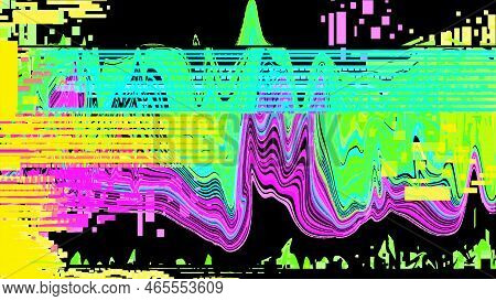 Blue, Pink And Yellow Glitch Noise On A Black Background. Vector Abstraction With Damage On The Scre