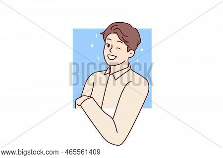 Smiling Young Man Peeking From Window. Happy Guy Look From Hole Feeling Curious And Interested. Curi