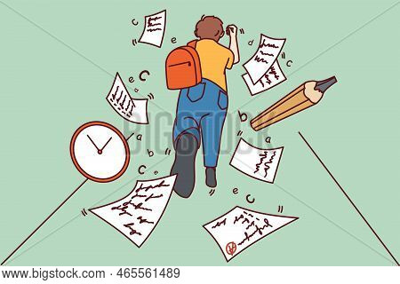 Boy Child With Backpack Running To Classroom Miss Deadline. Kid Rush At School Being Late For Lesson