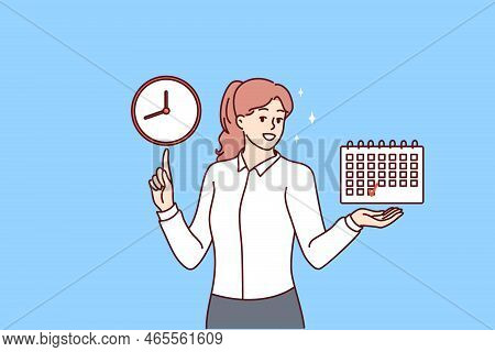 Smiling Businesswoman Hold Finished Schedule Point At Clock. Happy Woman Employee With Good Time Man