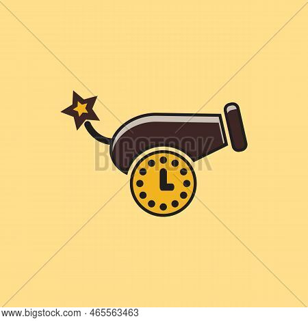Shoot Clock Logo Icon Vector. Cannon And Clock Combination. Flat Simple Vector Design. Good For Ente