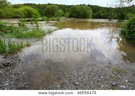 Flooded road. Radbuza river, Pilsen city, Czech Republic, Europe.