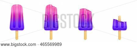 Fruit Popsicle With Bites, Pink And Purple Ice Cream. Frozen Juice On Wooden Stick In Different Stag