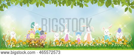 Easter Greeting Card,cute Bunny Hunting Easter Eggs On Grass Field On Sunny Day Spring,vector Cute C
