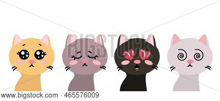 Kitties With Various Cute Eyes And Blush On Cheeks Vector Set. Cat Cartoon Characters With Blush On 