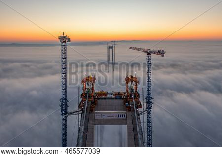 Braila, Romania - November 13, 2022: Ihi Webuild Japonese Company Building The Bridge Over Danube Ri