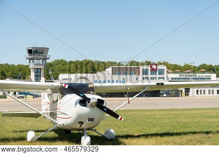 Mannheim, Germany, July 8, 2022 Cessna 172 Propeller Plane At The Parking Field On A Sunny Day