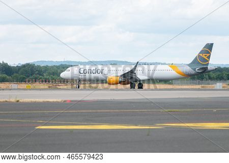 Muenster, Germany, July 9, 2022 Condor Airbus A321-211 Aircraft Is Taxiing To Its Take Off Position