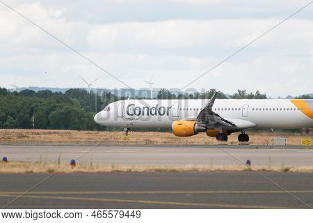 Muenster, Germany, July 9, 2022 Condor Airbus A321-211 Aircraft Is Taxiing To Its Take Off Position