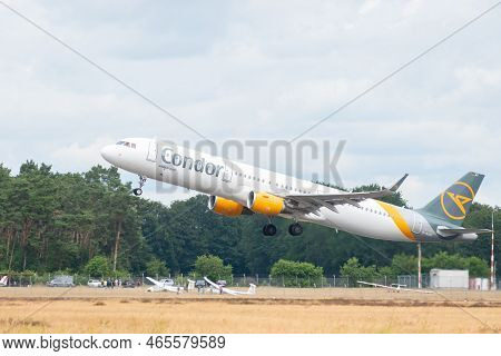 Muenster, Germany, July 9, 2022 Condor Airbus A321-211 Aircraft Is Taking Off From Runway 25