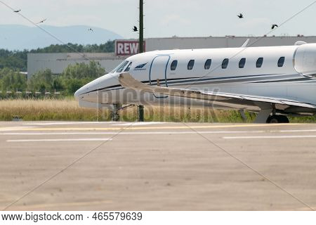 Lahr, Germany, July 9, 2022 Cessna 680 Citation Sovereign Plus Aircraft Is Parking At The Apron