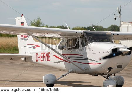 Lahr, Germany, July 9, 2022 Cessna 172 Propeller Plane Is Parking At The Local Airport