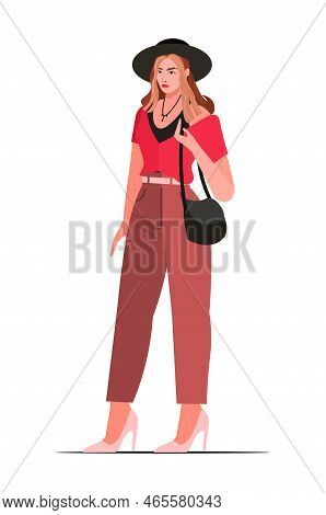 Young Modern European Girl In Casual Clothes And A Black Hat. Girl Cartoon Character Isolated On Whi