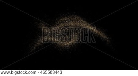 Gold Sand Black Background. Abstract Cloud. Golden Colored Splash Against Dark Backdrop. Abstraction