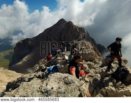 Gran Sasso, Italy - August 6, 2022: The Extreme Trekking To Vetta Occidentale Of Corno Grande, 2912 
