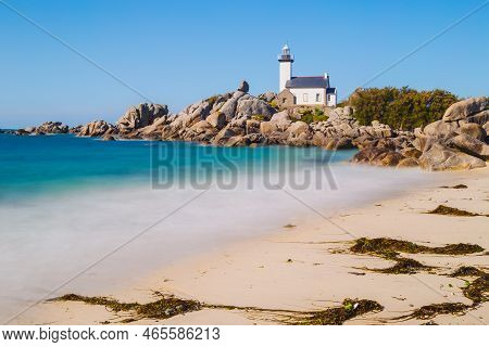Pontusval Lighthouse From The Coast In Kerlouan, Northern Brittany, France