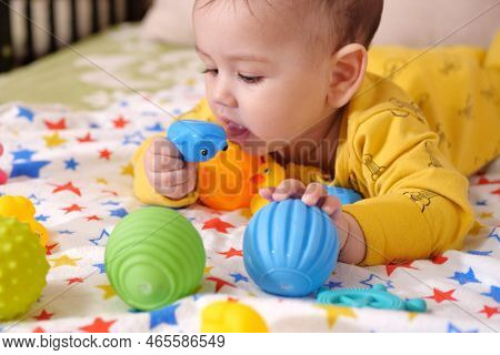 Cute Adorable Newborn Baby Playing With Colorful Rattle Toy. Baby With Teether. Six Months Old Lovel
