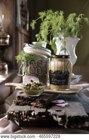 Appetizer Of Herring With Onions In Mustardvinegar Sauce As, Belgium, July 15, 2022
